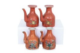 FOUR FAMILLE ROSE CORAL GROUND CONDIMENT BOTTLES