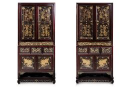 A PAIR OF GILT-TEAK WEDDING CUPBOARDS WITH STANDS