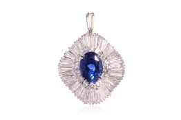 AN UNHEATED SRI LANKAN SAPPHIRE AND DIAMOND PENDANT