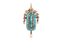 AN ANTIQUE TURQUOISE, DIAMOND AND PEARL PENDANT BROOCH