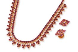 A RUBY CHOKER AND A PAIR OF RUBY EARRINGS