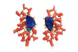 A PAIR OF BOULDER OPAL, CORAL AND DIAMOND EARRINGS