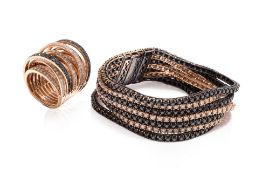 A MULTI-ROW DIAMOND AND BLACK DIAMOND BRACELET WITH MATCHING RING