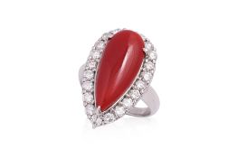 A CORAL AND DIAMOND 'HALO' RING