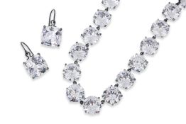 BOTTEGA VENETA - A CUBIC ZIRCONIA SET OXIDISED SILVER NECKLACE WITH MATCHED EARRINGS