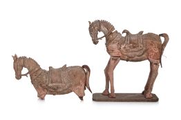TWO SOUTH INDIAN CARVED WOOD MODELS OF HORSES