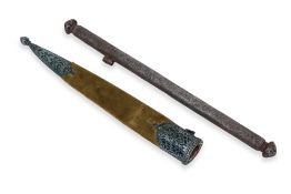 A KASHMIRI SILVER AND ENAMELLED SHEATH, AND A TIBETAN IRON PEN CASE