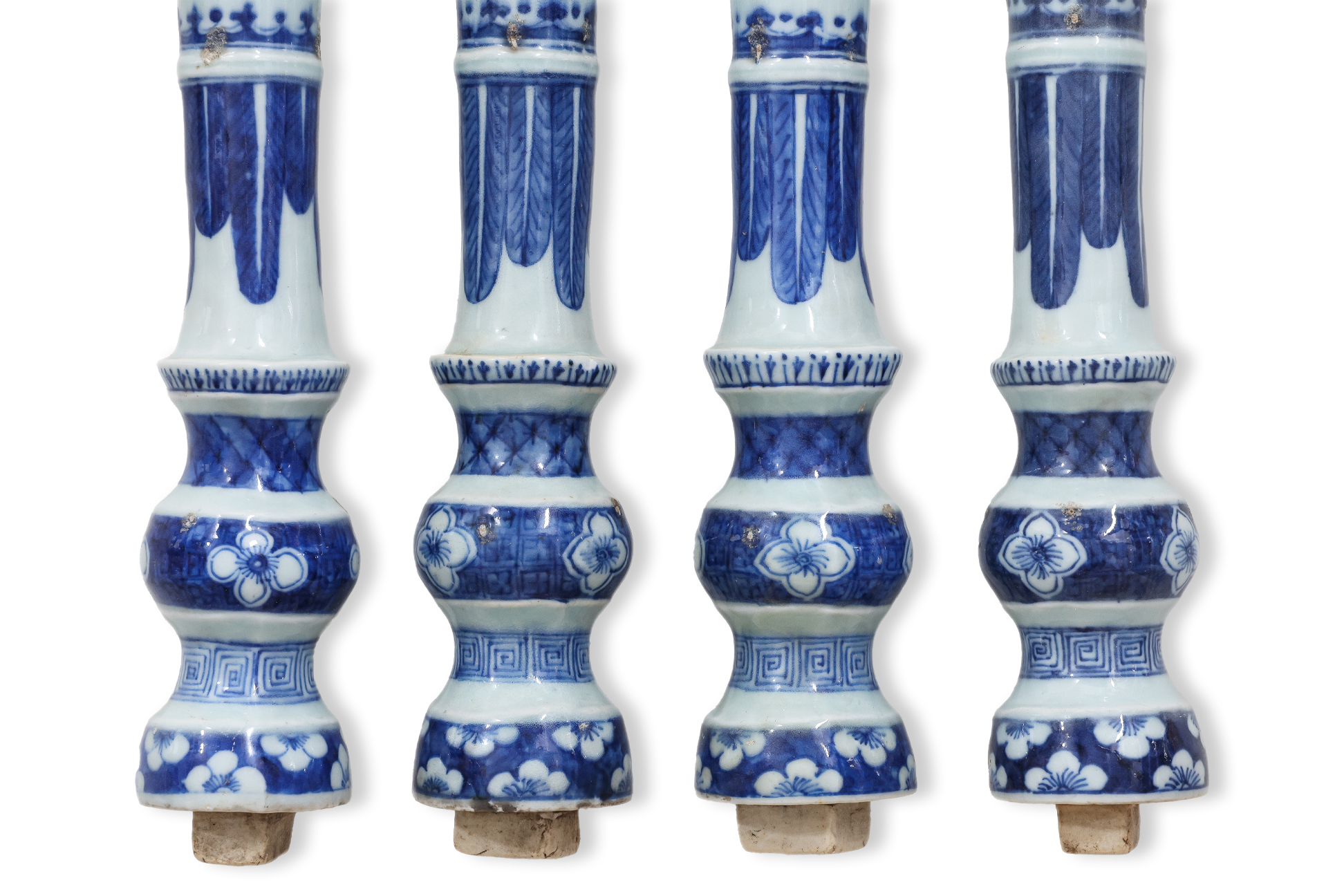 FOUR CHINESE BLUE AND WHITE PORCELAIN BALUSTERS OR SUPPORTS 19th/20th ...