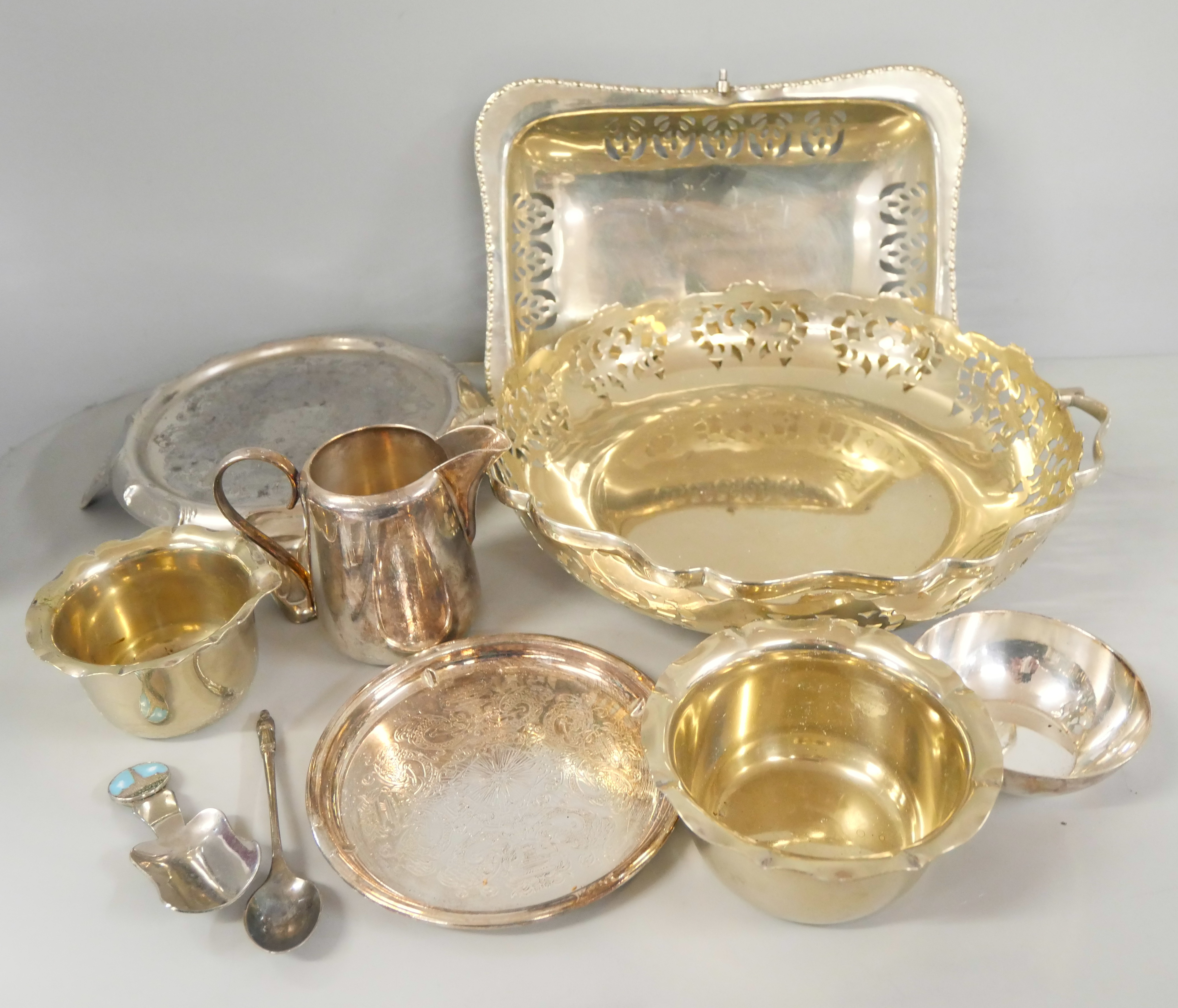 A collection of plated ware including two trays, teapot, pierced baskets, etc. **PLEASE NOTE THIS - Image 2 of 2