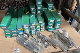 Approximately 1000 units of assorted as new Jesmond cutlery; table, dessert and fish knives and fork