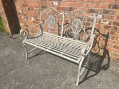 BOXED NEW ANTIQUE GREY ORNATE METAL BENCH (120CM X 54CM X 96CM TALL)