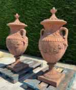 MATCHING PAIR CLASSICAL STONE COMPOSITE 5FT TALL ORNATE URNS WITH HANDLES AND LID IN ANTIQUE...