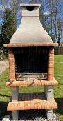 CONTEMPORARY NEW/ PALLET AND BANDED RED outdoor Brick BBQ and chimney with PROFESSIONAL GALV FIRE...