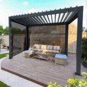 BOXED NEW 3M X 3M DELUXE PERGOLA GAZEBO WITH ROTATING WATERPROOF ROOF AND 3 INTERGRATED DROP...