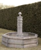 CAST STONE PROVINCIAL FOUNTAIN WITH OCTAGONAL CENTER COLUMN APPROX 2M DIAMETER 1.8M HIGH