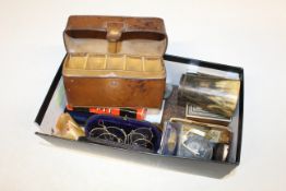 A box of various sundry items to include a horn be