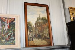 An acrylic on canvas, continental street scene wit