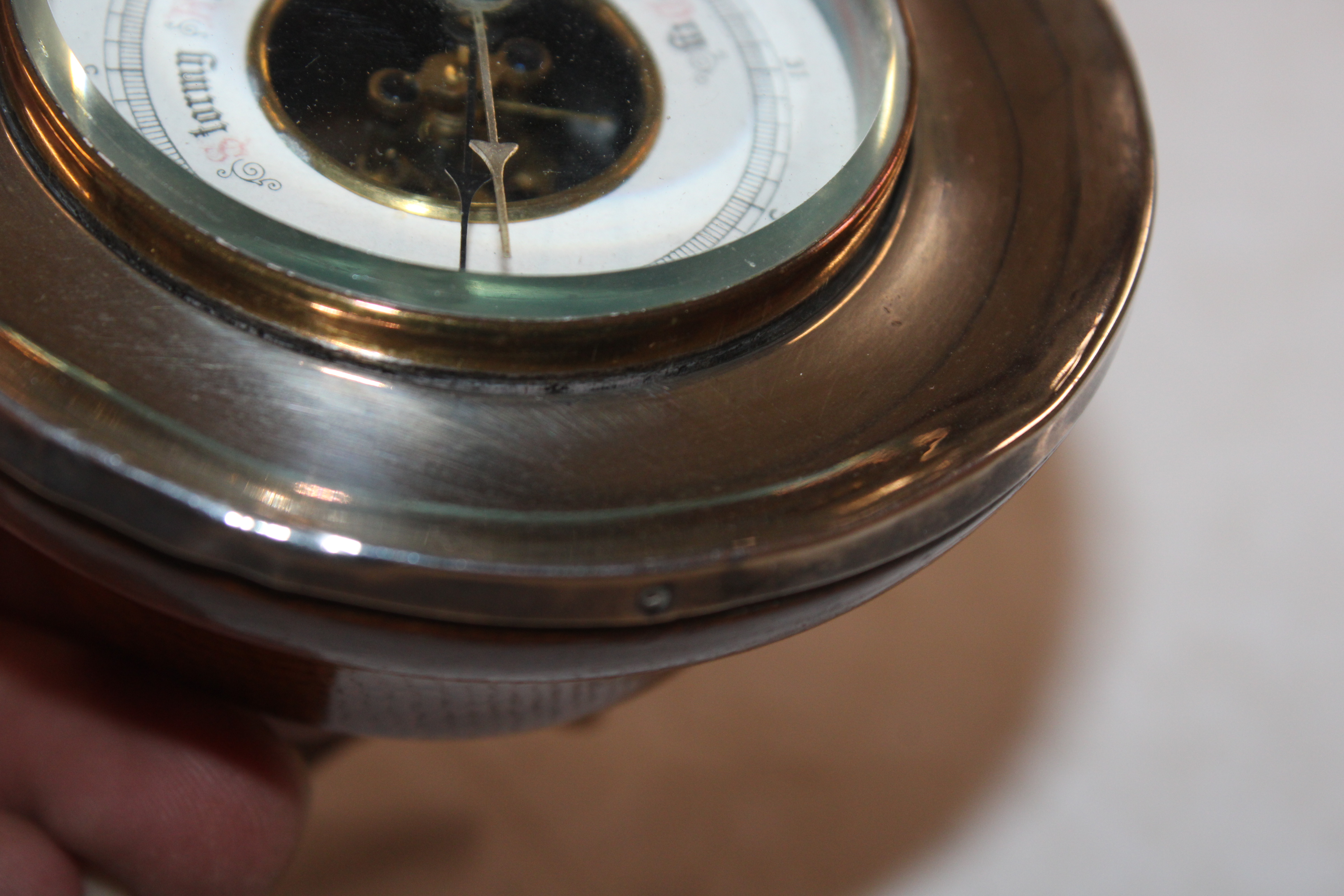 A small circular oak and silver desk barometer, Ha - Image 4 of 6