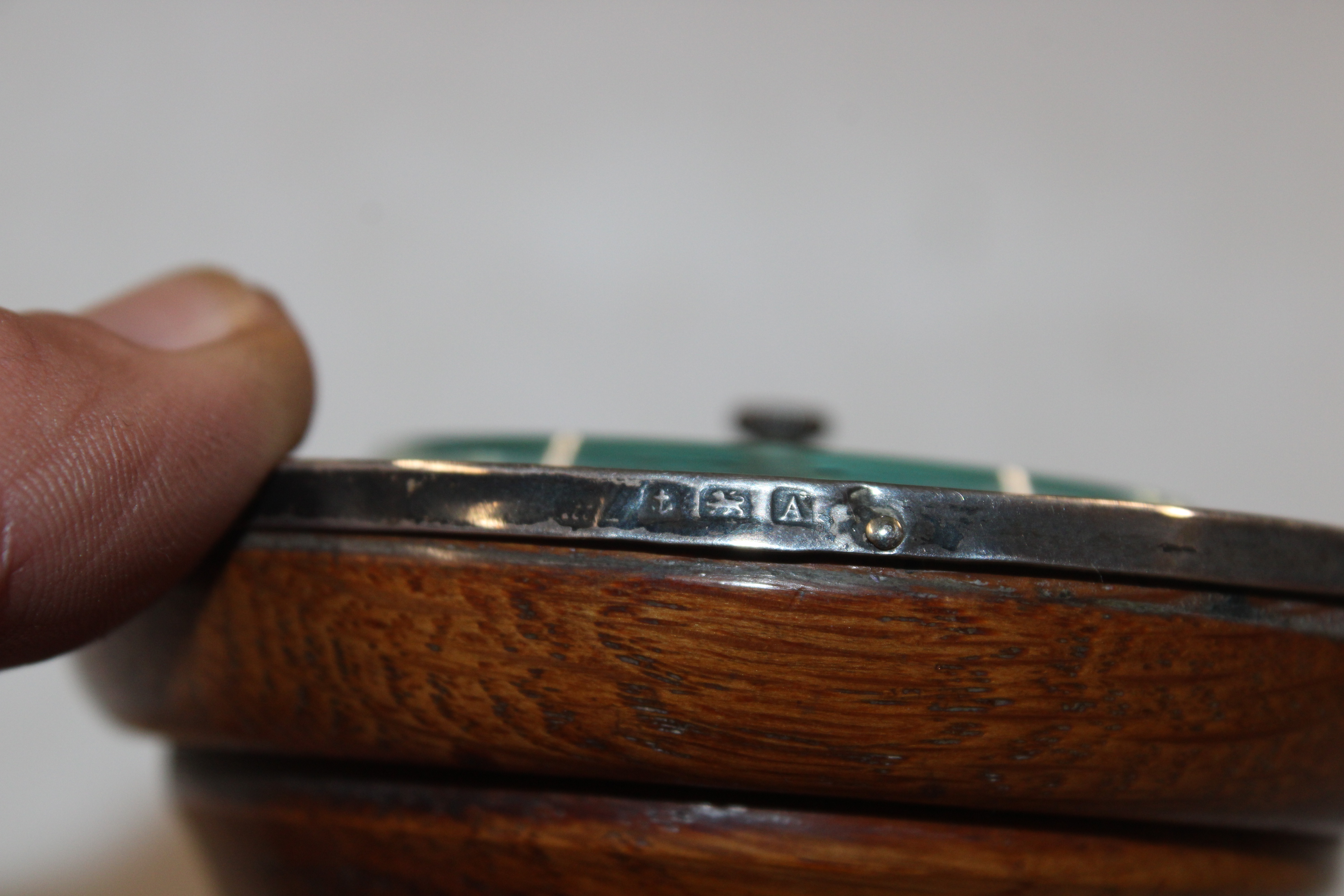 A small circular oak and silver desk barometer, Ha - Image 5 of 6