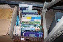 A box containing various books, mostly relating to