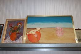 An oil on board depicting a beach scene, indistinc