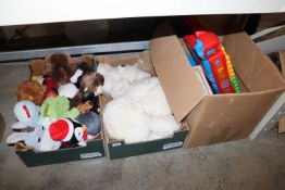 Three boxes containing various soft toys; children