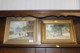 A gilt framed oil on board study of a street scene