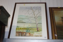 A framed watercolour study of a landscape scene in