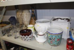An Oriental plant pot, various glass vases, a pott