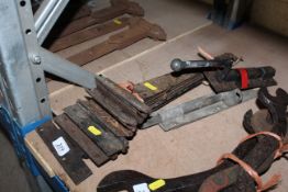 Eleven various sized hinges and two large door bolts