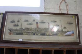A framed print of a British liner (RMS Caronia) drawn for the Boys Own paper by J.J. Jelley