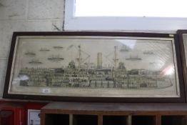 A framed print of a British battleship (HMS Royal Sovereign) drawn for the Boys Own paper by J.J.