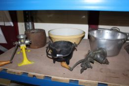 A quantity of kitchenalia to include jam pans, iron handled saucepan, two mincers and a monument