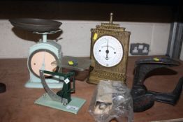 Three various sets of scales, one named to Alexander Werk, missing tray, a shoe last and icing
