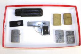 Six various lighters named to Zorr, TriStar, Zippo etc. and a novelty Penguin Aurora 45 butane gas