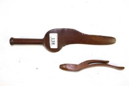 Two 19th Century treen knitting sheaths, one with white metal lozenge decoration