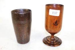 A 19th Century turned treen beaker and a goblet