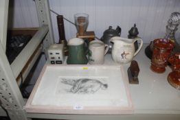 A Jason Gathorne-Hardy, pencil sketch together with a flat iron, a pewter teapot, advertising jugs