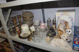 A pair of wooden candlesticks, an oil lamp, a quantity of various tea and dinnerware, a Leonardo