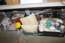 Six boxes containing various sundry items to include tea and dinnerware, cushions, football etc.