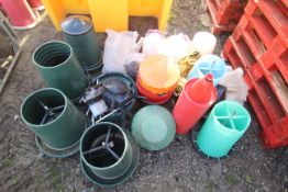 Various poultry feeders, drinkers, crumb trays etc