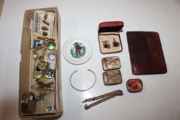 A box containing Parker pen, marbles, cuff-links e