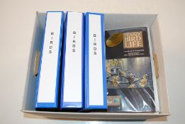 A box containing three bird related stamp folders