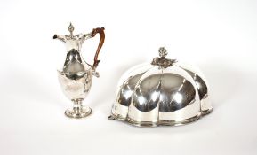 A George III silver plate on copper baluster lidded jug, with fruitwood handle, 29cm high and a