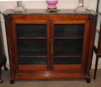 A 19th Century rosewood china display cabinet, surmounted by a green marble top and flanked by
