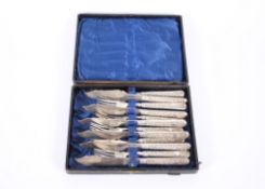 A cased set of Chinese export silver fish knives and forks, by Wang Hing