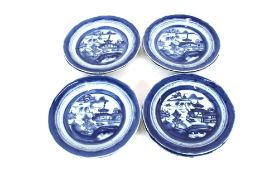 Eight 18th Century blue and white Chinese porcelain plates, decorated pagodas and river scenes, 20cm