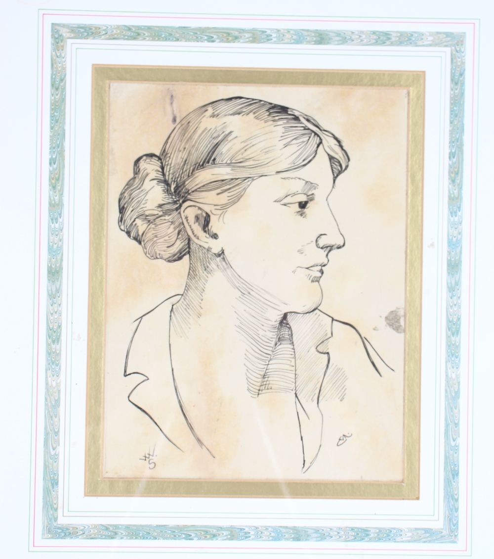 After Elizabeth Melville, pen and ink sketch of Virginia Woolf, initialled bottom left V.W.S. and - Image 2 of 2