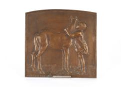 Joseph Heu, Austrian 1876-1952, bronze plaque depicting a young girl with pony, 26.5cm x 27cm