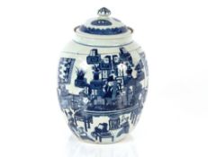 A late 19th Century Chinese porcelain lidded ovoid blue and white jar, painted with figures in